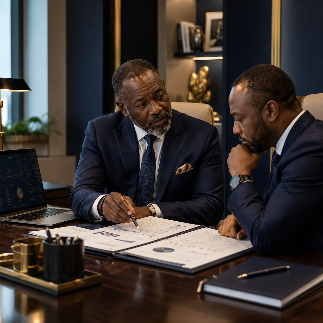 Private wealth mentorship session reviewing investment documents